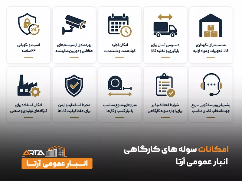 امکانات سوله‌ های کارگاهی انبار عمومی آرتا